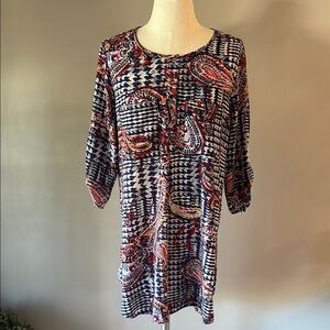 Anthropologie Fig and Flower paisley Tunic top oversize 3/4 tie sleeve pockets M